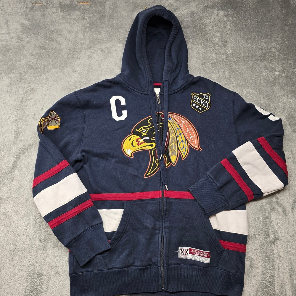Ecko Unltd 20th Anniversary Full Zip Hoodie Mens XL Navy Eagle 93 Patch Stripes